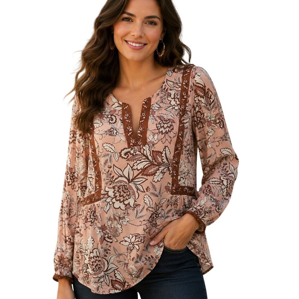 J. Jill Peasant Top Womens Size Small Pink Brown Floral V-Neck Bohemian Blouse